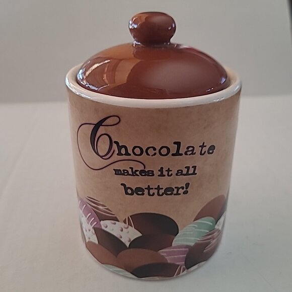 Crock With Lid Small Ceramic Pottery Canister "CHOCOLATE MAKES IT ALL BETTER!" - Picture 1 of 7